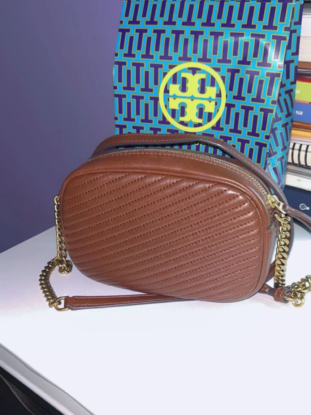 Tory Burch Brown Quilted Leather Mini Crossbody with Gold Logo
